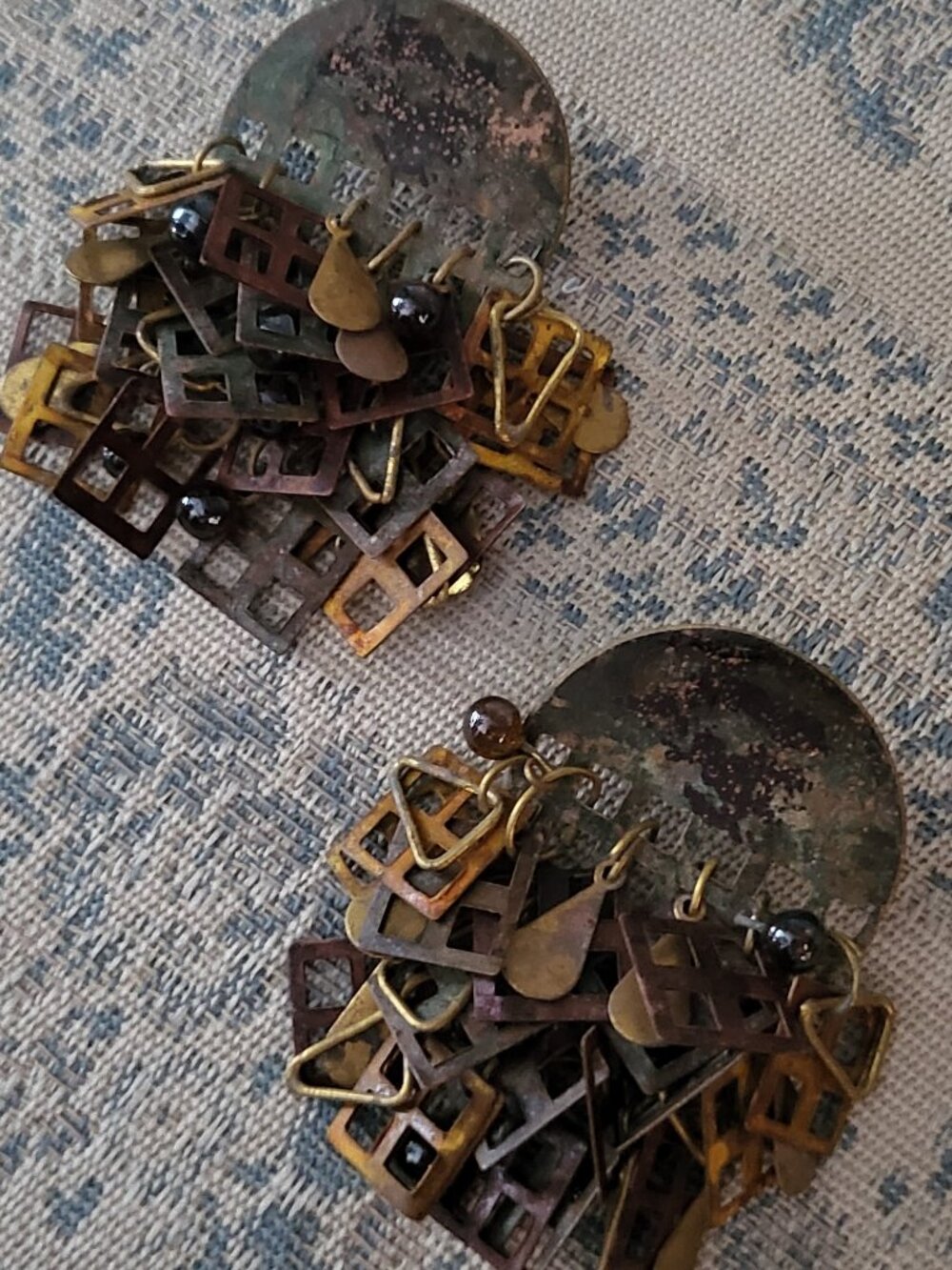 VTG 1980s Brutalist Patina Geometric Chandelier Earrings Made in India